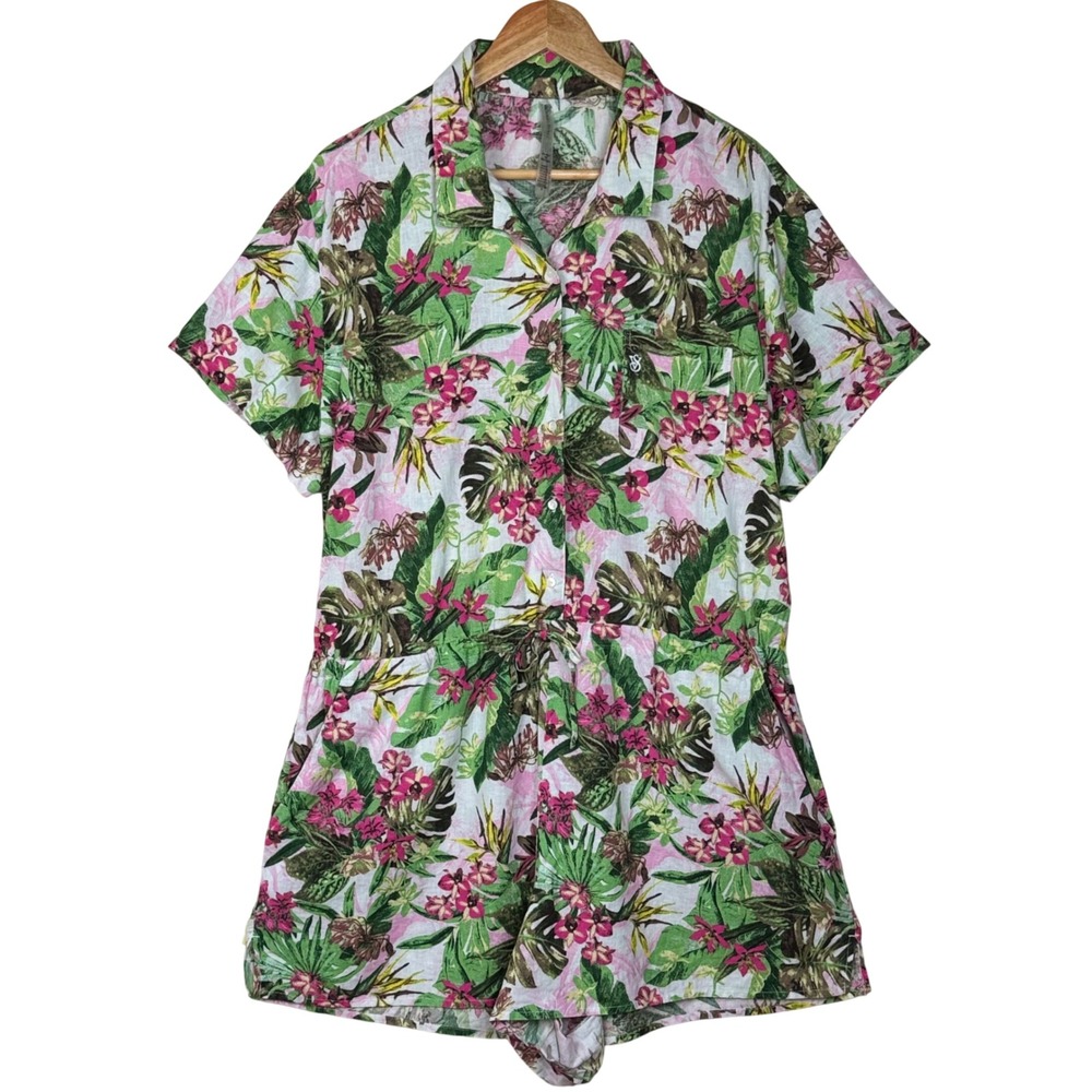 Victorias Secret Tropical Floral Linen Blend Cover Up Romper Women XL Pink Green